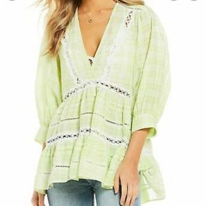 Free People Time Out Plaid Lace Trim Tunic Top
